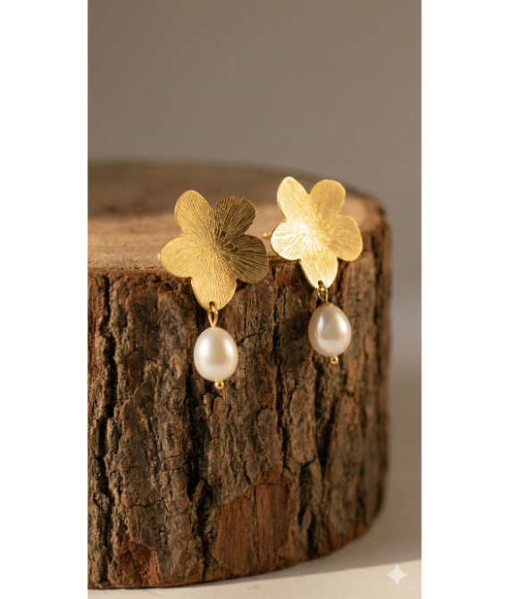 Gold Flower & Pearl Drop Earrings. hover