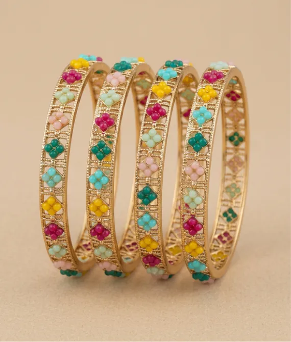 Vibrant Floral Gold-Plated Multicolor Beaded Kangan (Set of 4)