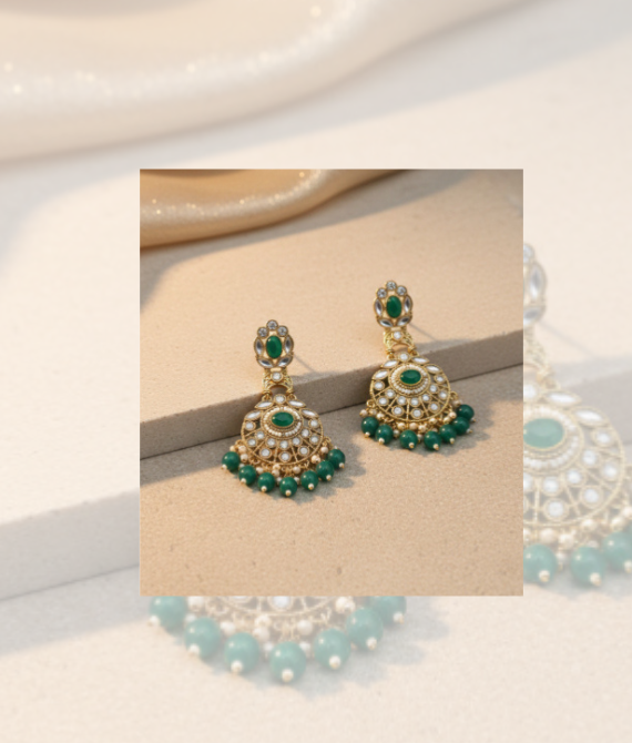 Heritage Emerald & Polki-Style Chandbali Earrings
