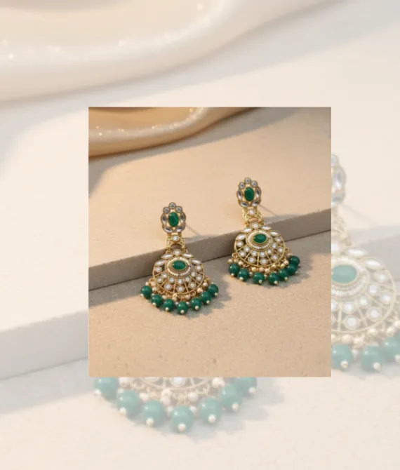 Heritage Emerald & Polki-Style Chandbali Earrings