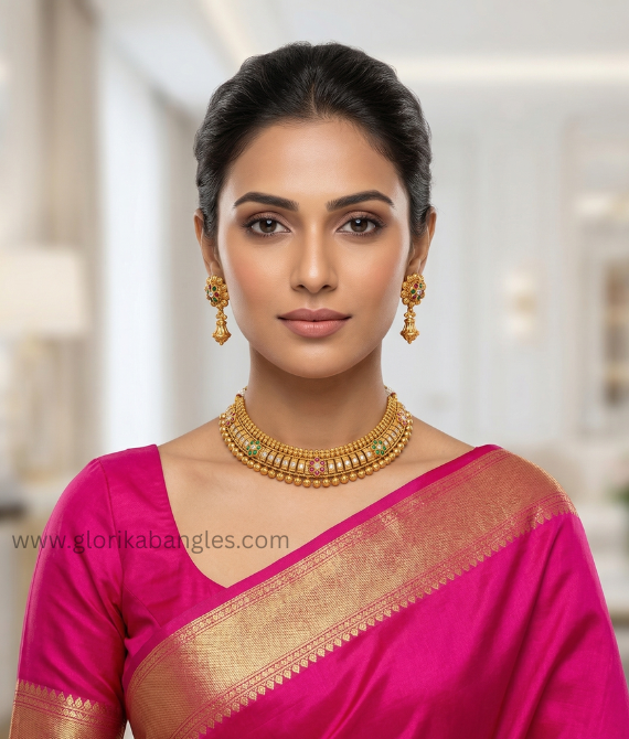 The Apsara Antique Gold-Plated Floral Temple Jewelry Set