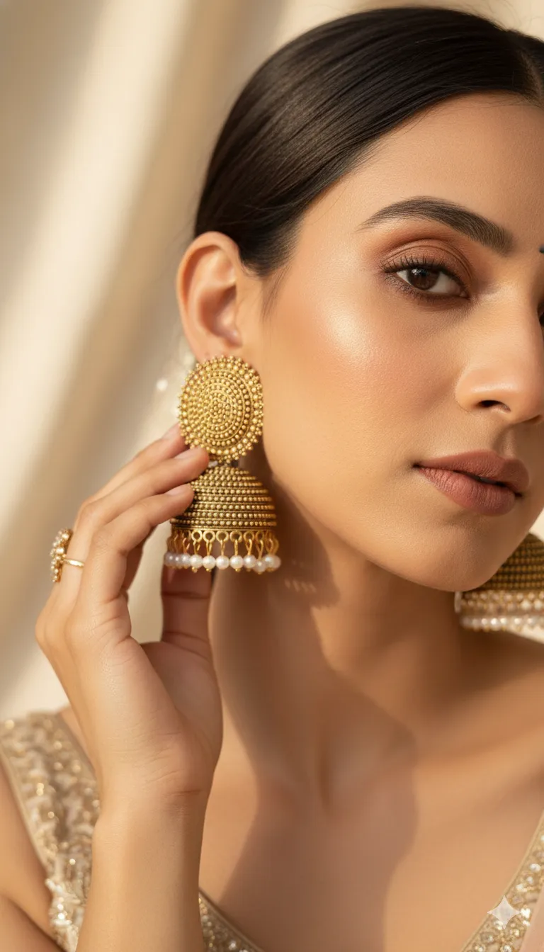 Antique Gold-Tone Granulated Jhumka Earrings with Pearl Droplets