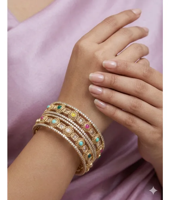 Two Meenakari Fusion Multi-Color Stone Kada Set