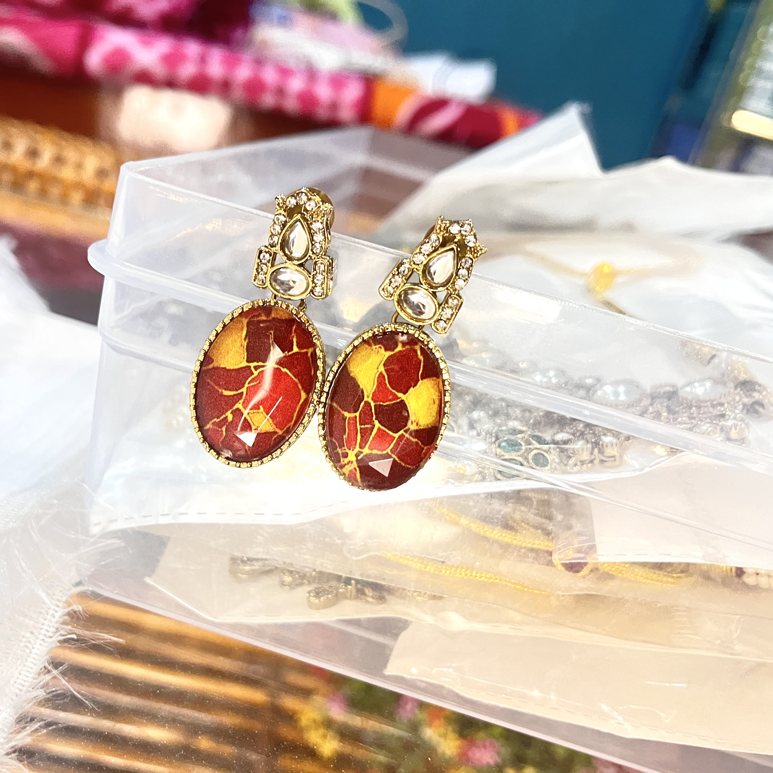 Rustic Maroon & Gold Kundan Necklace Set with Marble-Effect Stone Accents hover